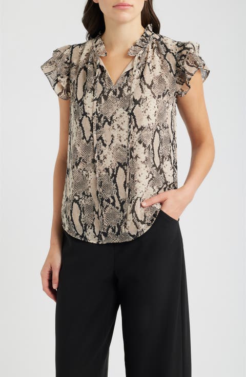 Snake Print Ruffled Sleeve Tied Neck Top