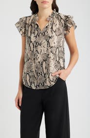 Anne Klein Snake Print Ruffled Sleeve Tied Neck Top