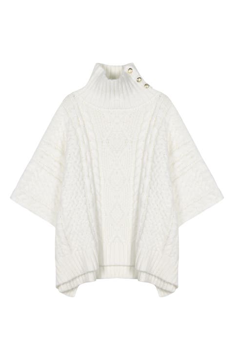 Button Neck Cable Knit Poncho