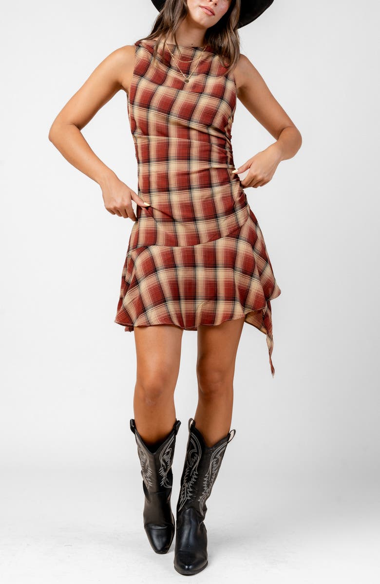 Beivy Plaid Asymmetric Dress, Alternate, color, Rust Plaid