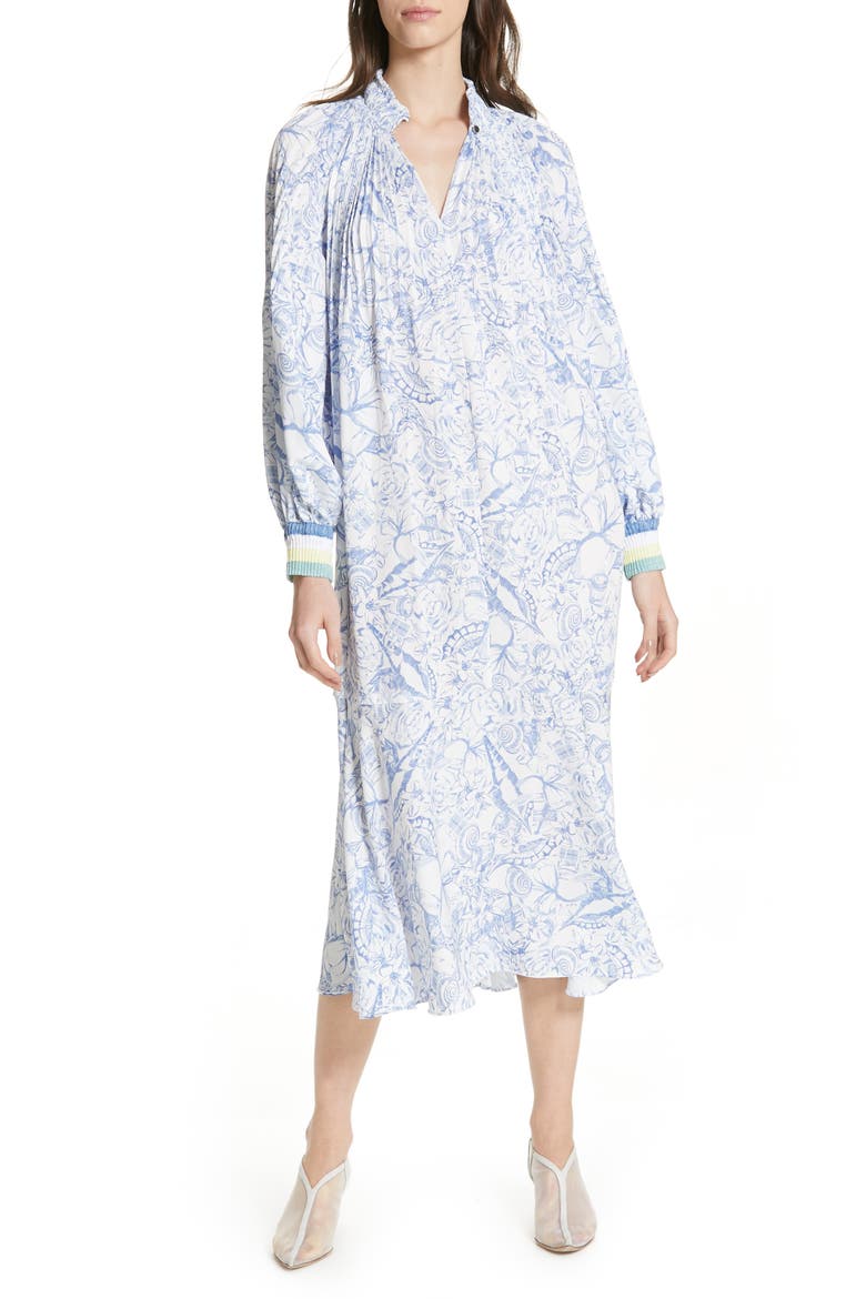 Isa Toile Print Ribbed Cuff Midi Dress, Main, color, WHITE/ BLUE MULTI