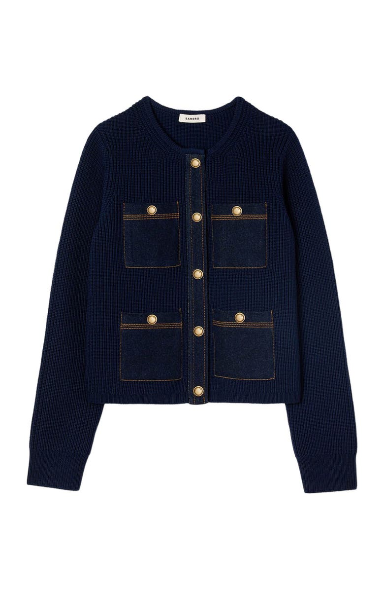 SANDRO Denim detail rib knit cardigan, Alternate, color, Navy Blue