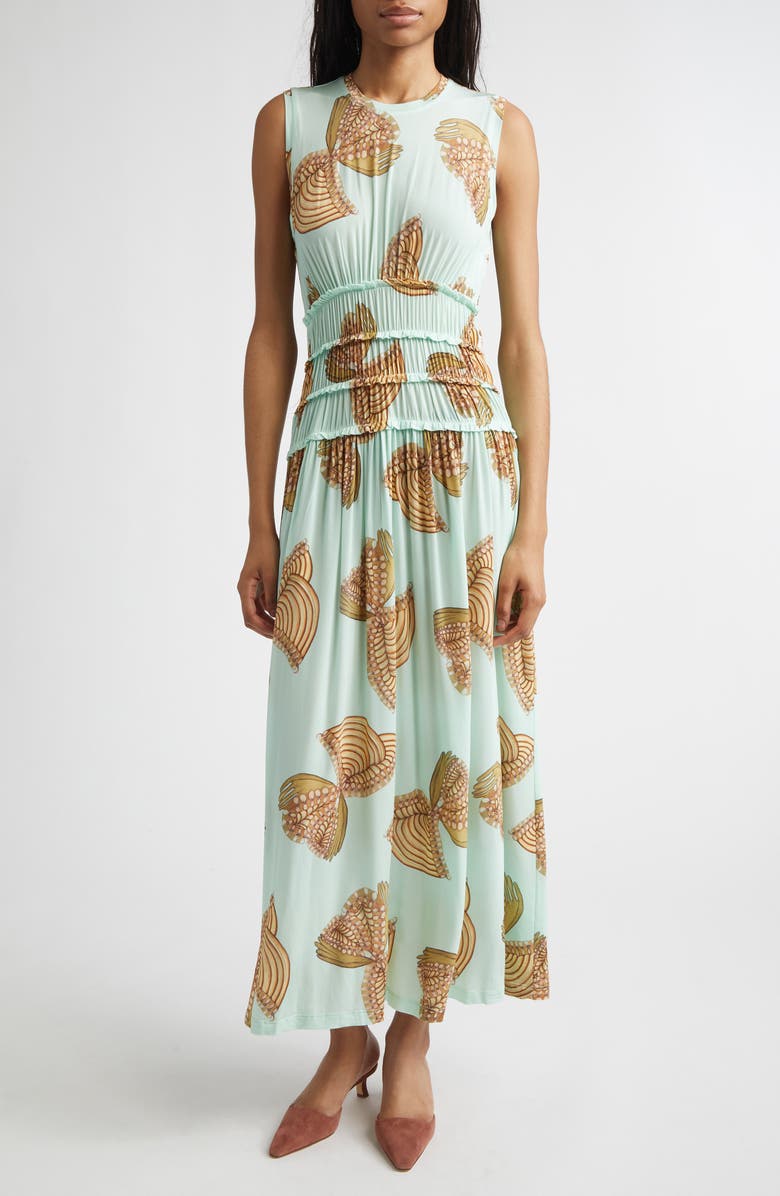 Ulla Johnson Kamaria Botanical Pleated Midi Dress, Main, color, Water Blossoms