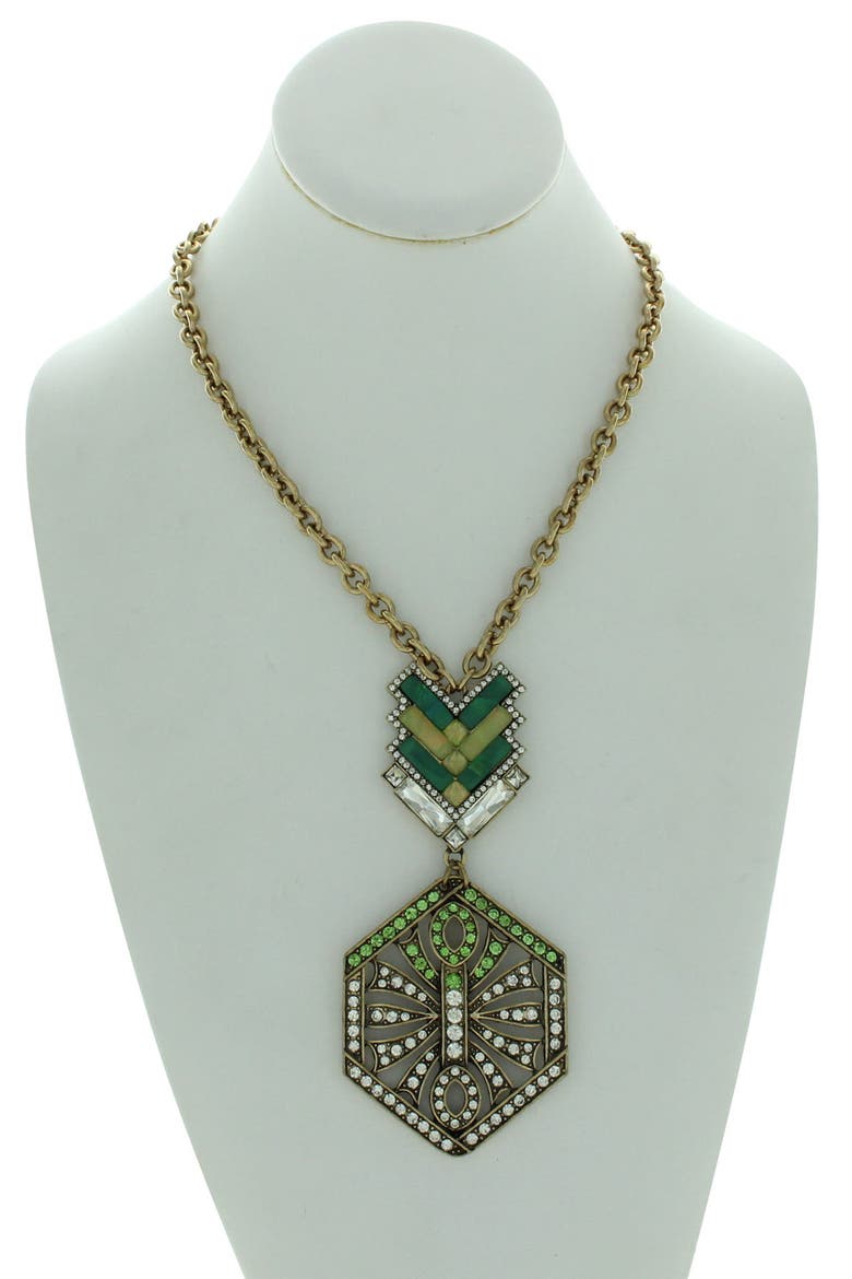 Rhinestone Geometric Pendant Statement Necklace, Alternate, color, BURNISHED GOLD / GREEN