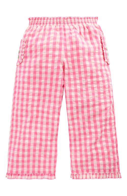 Mini Boden Kids' Gingham Frill Cotton Seersucker Pants In Pink Gingham Embroidered