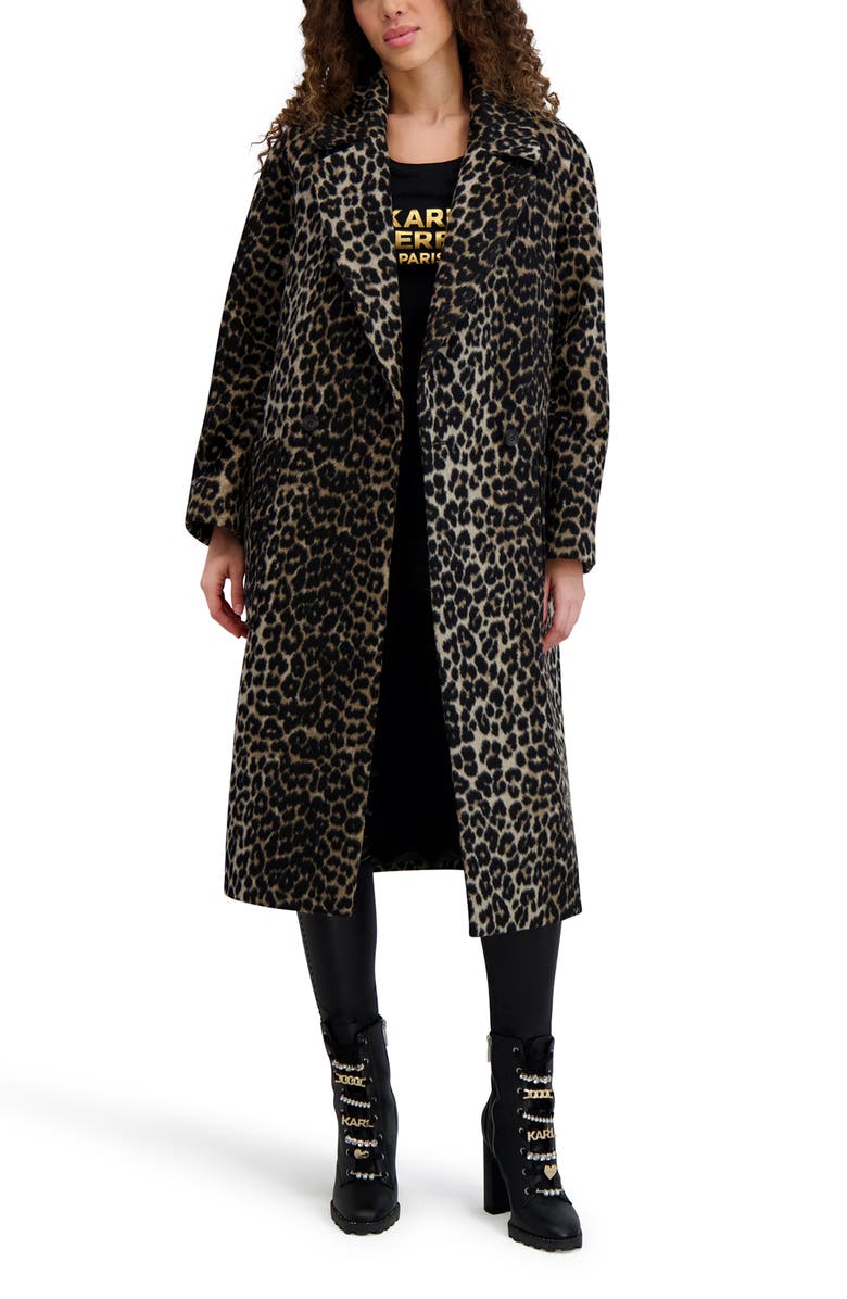 KARL LAGERFELD PARIS Longline Wool Blend Coat, Alternate, color, Leopard