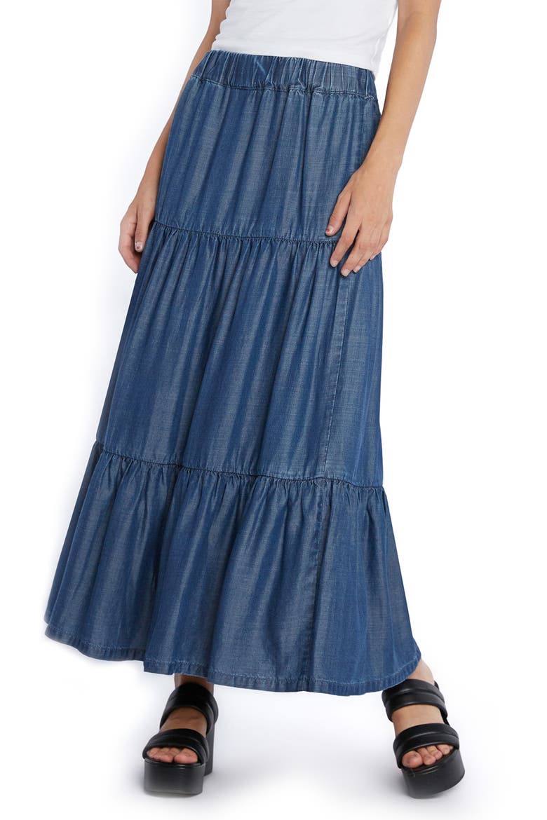 Tiered Denim Maxi Skirt, Main, color, TRIP BLUE