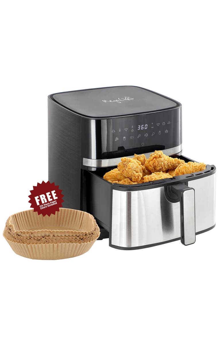 Megachef 8.5 Quart Bundle Electric Air Fryer in Black and Stainless Steel with 125 Piece Paper Liners, Alternate, color, 