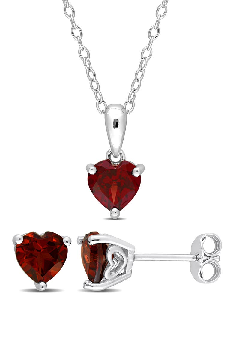 Sterling Silver Garnet Heart Stud Earrings & Necklace Set, Main, color, RED
