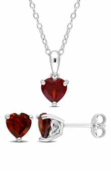 DELMAR Sterling Silver Garnet Heart Stud Earrings & Necklace Set