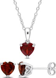 DELMAR Sterling Silver Garnet Heart Stud Earrings & Necklace Set