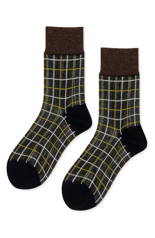 Hansel From Basel Grid Sheer Crew Socks In Brown