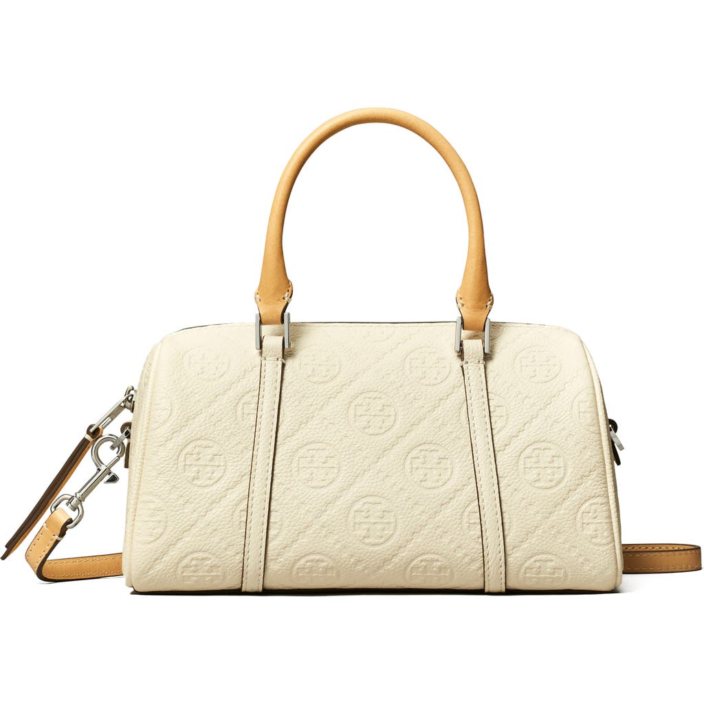 Tory Burch Mini T Monogram Leather Barrel Bag In White
