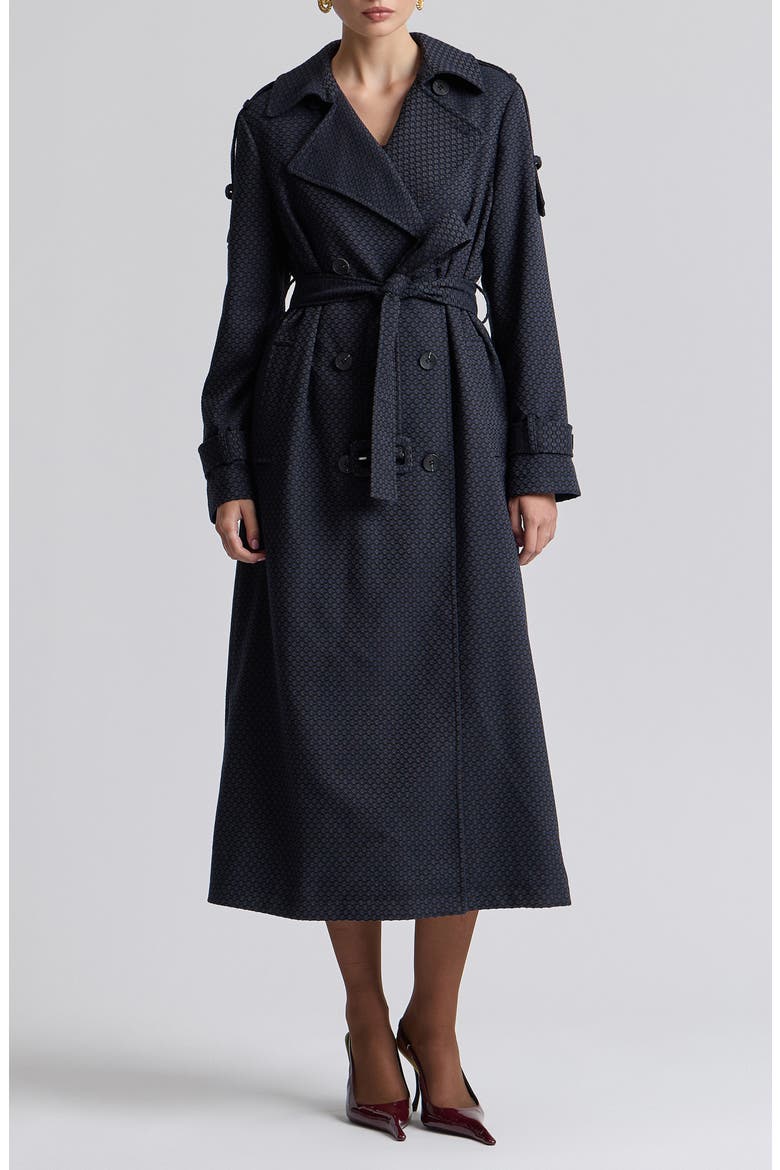 Relaxed Double Breasted Jacquard Trench Coat, Main, color, NAVY JACQUARD