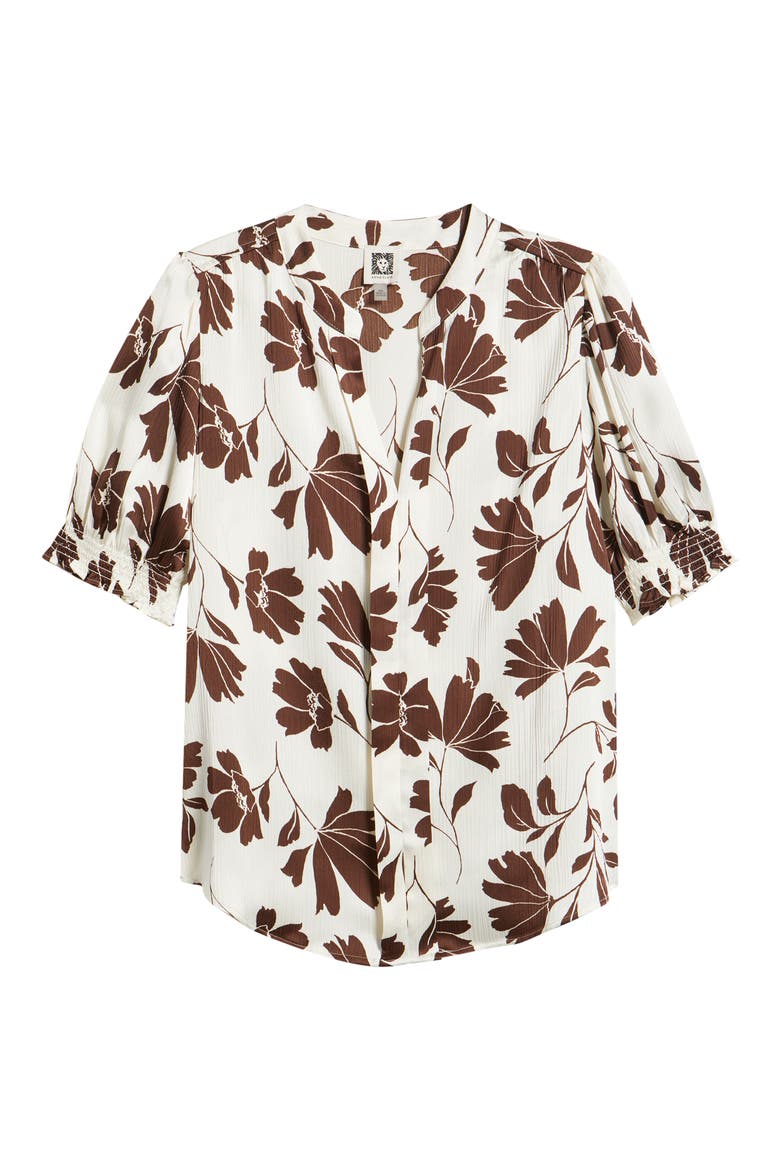 Shirred Short Sleeve Button-Up Shirt, Alternate, color, WHITE/ DARK CHOCOLATE