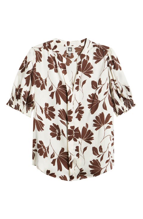 Shirred Short Sleeve Button-Up Shirt (Regular & Petite)