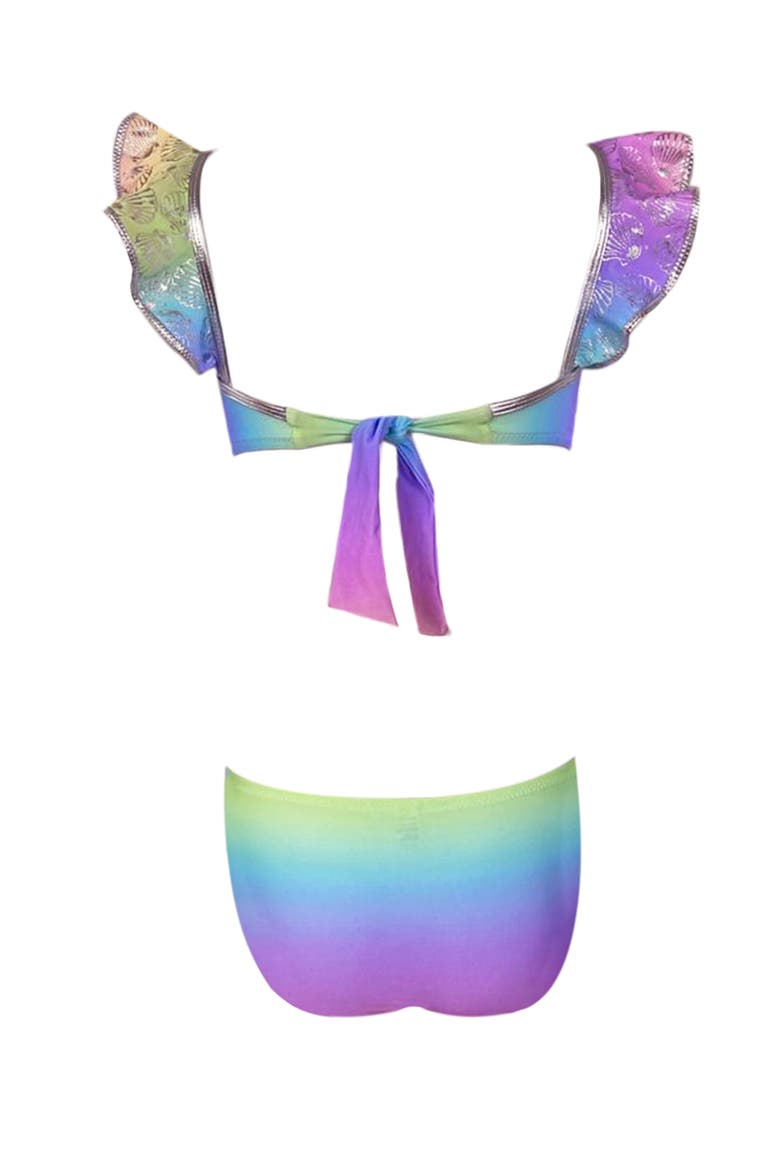 Shimmering Shell-Patterned Ruffled Boat Neck Two Piece Bikini, Little Kid, Alternate, color, Multicolor