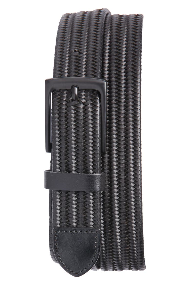 Diego Woven Leather Stretch Belt, Main, color, BLACK