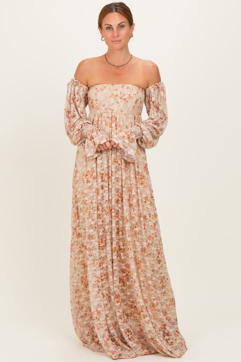 Color Floral Lace Smocked Long Sleeve Off Shoulder Maxi Dress