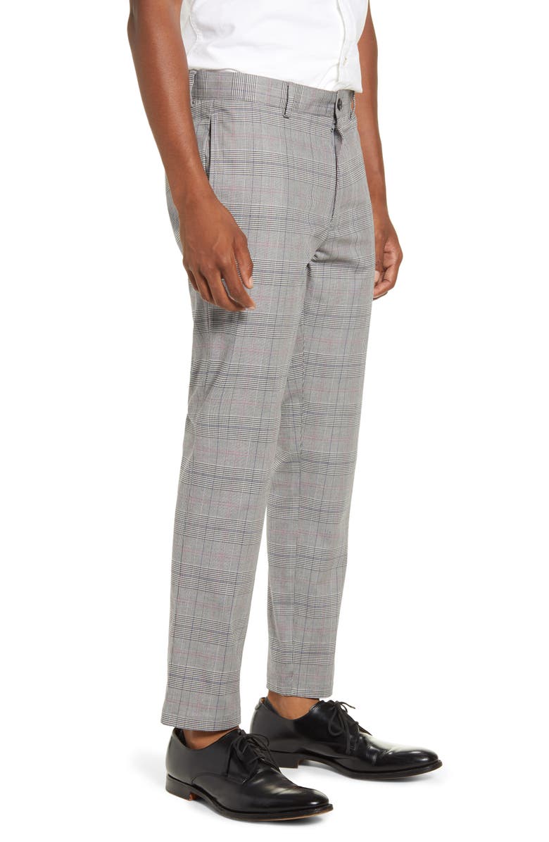 Topman Check Crop Stretch Dress Pants, Alternate, color, Grey
