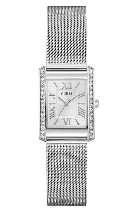Crystal Bezel Tank Mesh Strap Watch, 17mm x 23mm