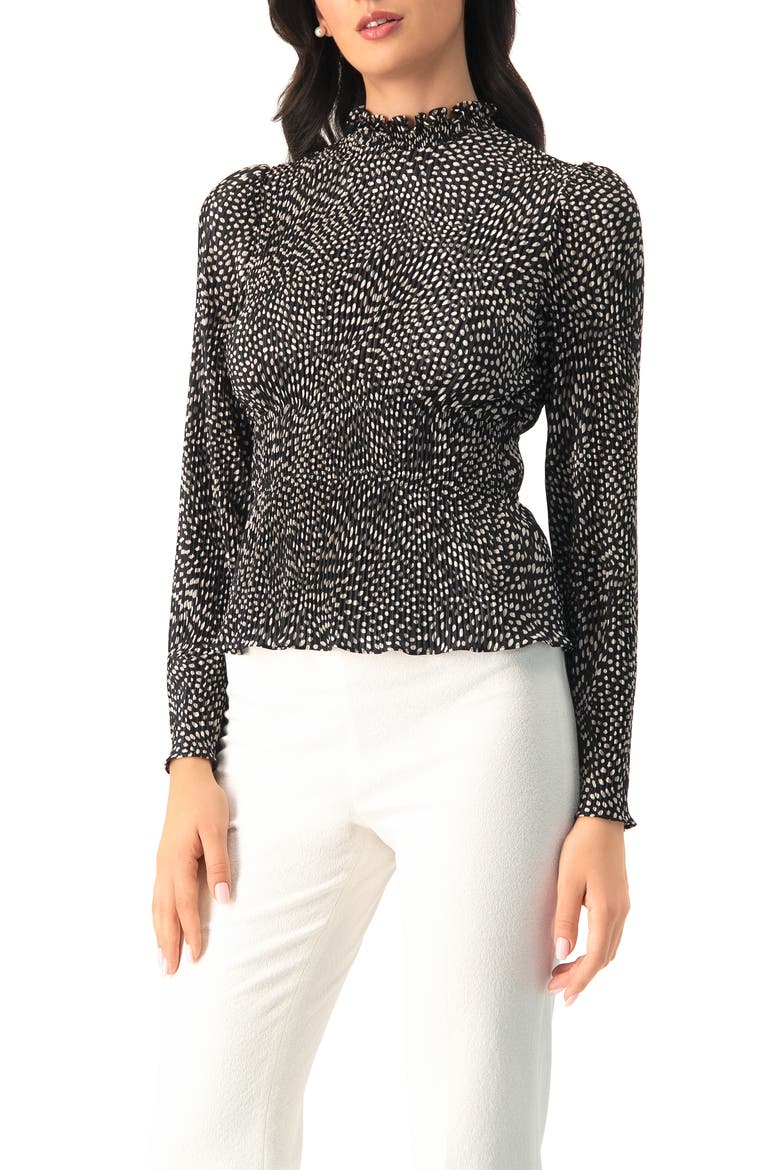 Long Sleeve Polka Dot Pleated Blouse, Main, color, Black