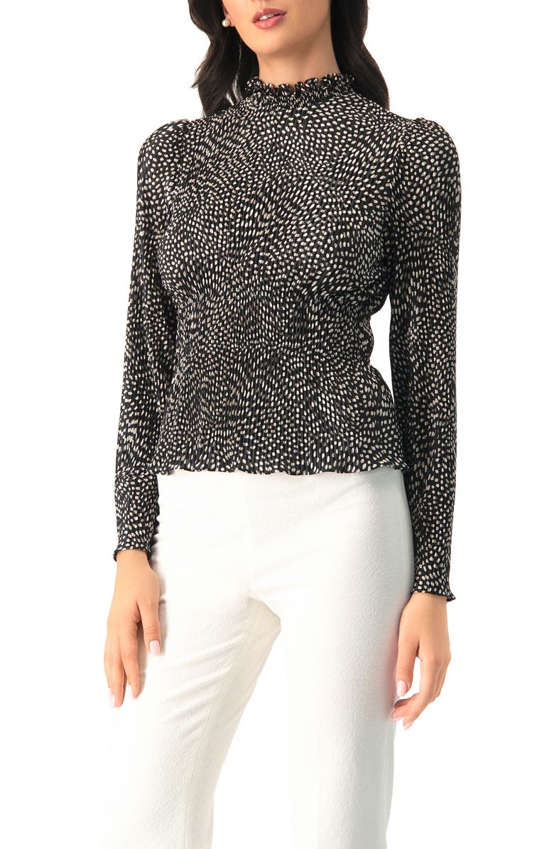 IVONNE Long Sleeve Polka Dot Pleated Blouse, Main, color, Black