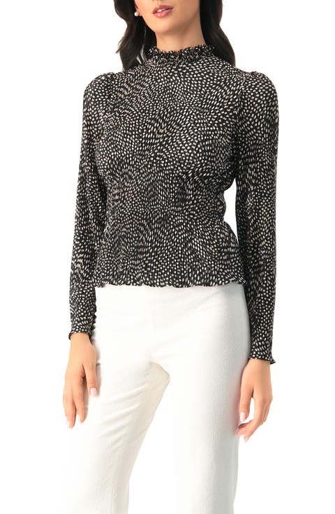 Long Sleeve Polka Dot Pleated Blouse