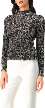 IVONNE Long Sleeve Polka Dot Pleated Blouse