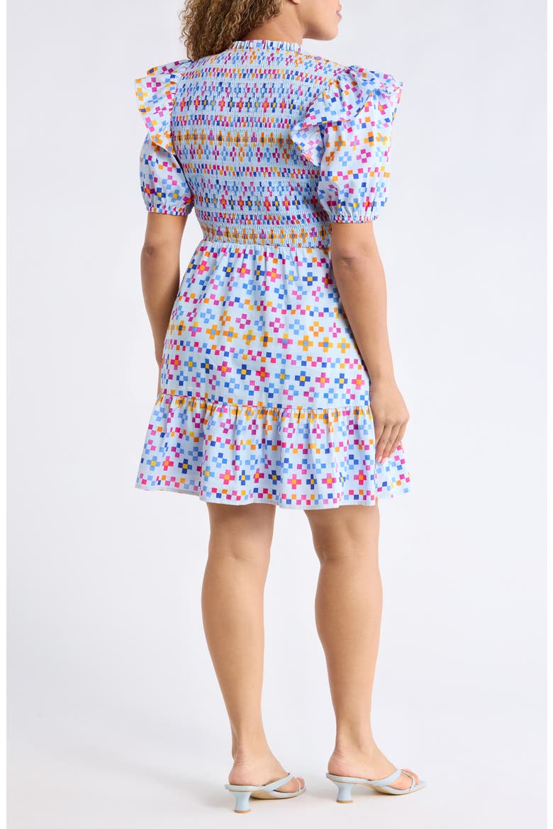 Kessa Geo Leones Smocked Minidress, Alternate, color, LT-BLUE-MULT
