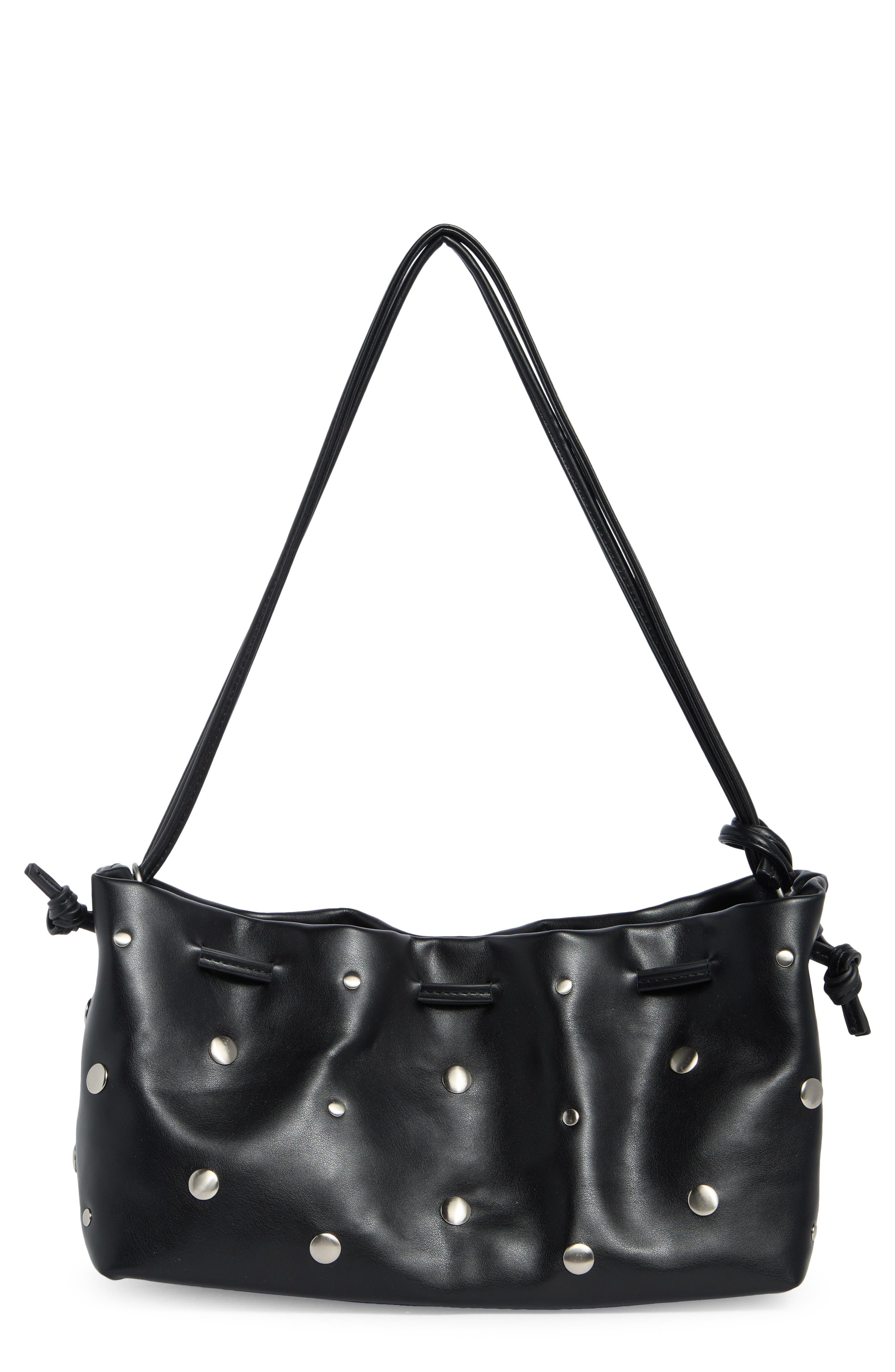 Studded Drawstring Faux Leather Shoulder Bag
