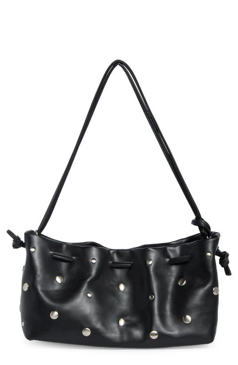 Studded Drawstring Faux Leather Shoulder Bag