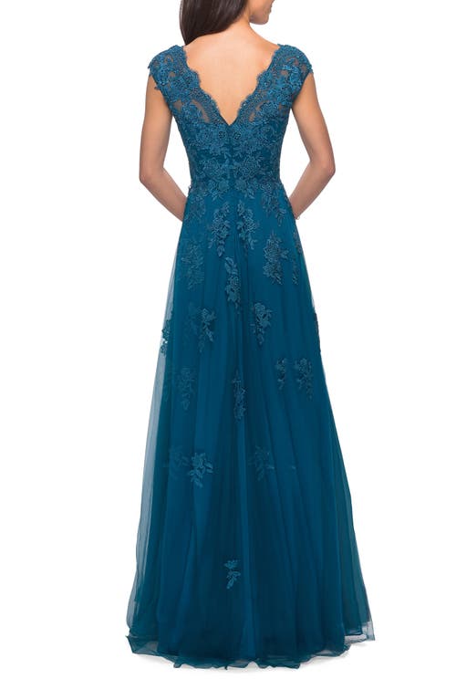 La Femme Short Sleeve Lace Gown With Cascading Embellishments In Teal