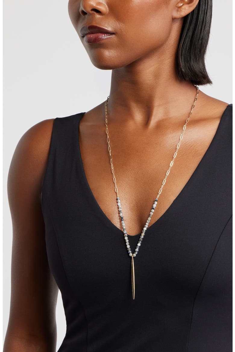 Beaded Pointed Bar Pendant Necklace, Alternate, color, GREY- GOLD