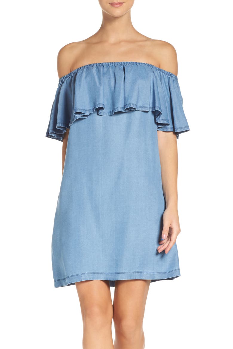 Ruffle Chambray Off the Shoulder Dress, Alternate, color, BLUE CHAMBRAY