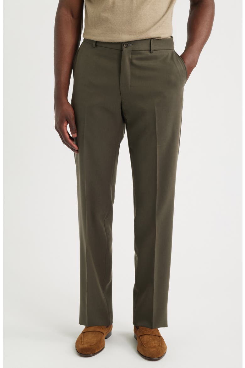 Nano Reflex Solid Flat Front Dress Pants, Main, color, DARK OLIVE