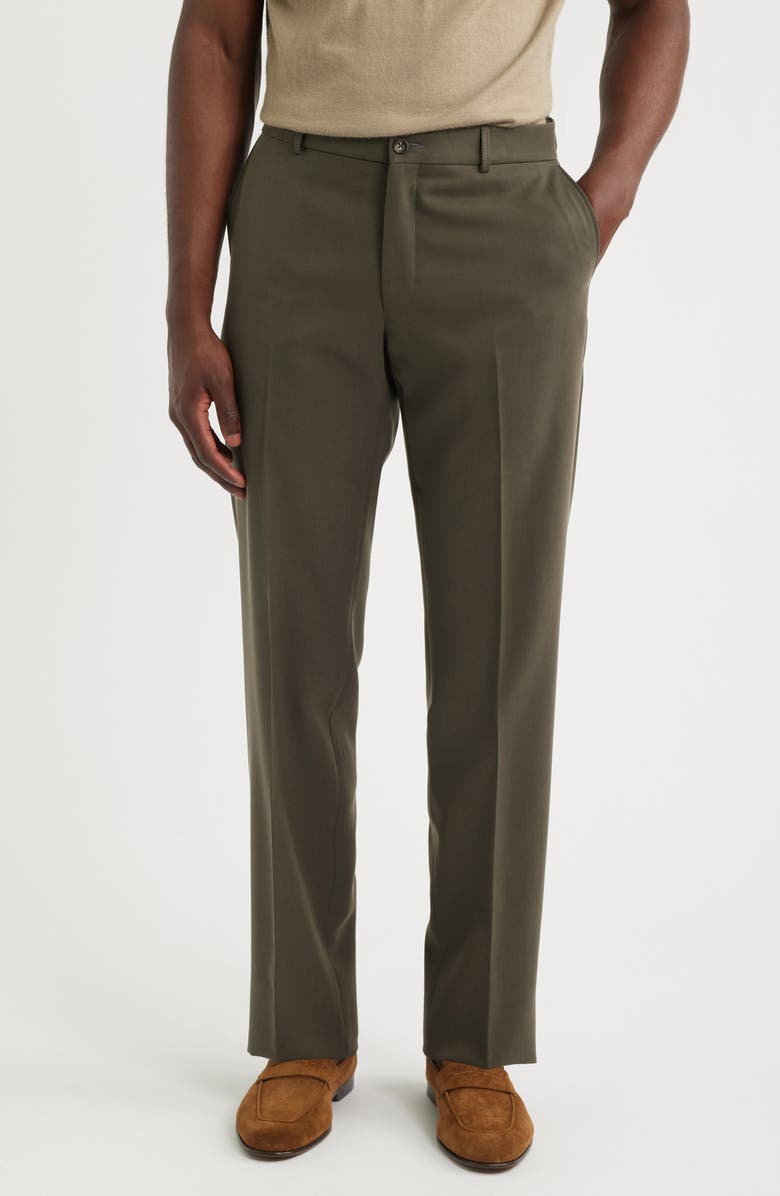 Berle Nano Reflex Solid Flat Front Dress Pants, Main, color, Dark Olive