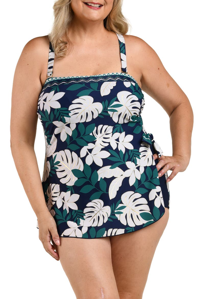 Canopy Blooms One-Piece Sarong Swimsuit, Alternate, color, BLUE/ GREEN MULTI