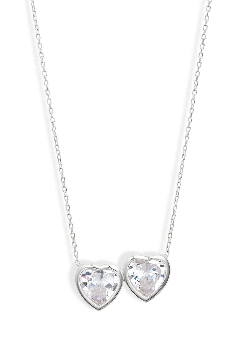 Fancy 2-Stone Bezel Pendant Necklace, Main, color, SILVER/ WHITE