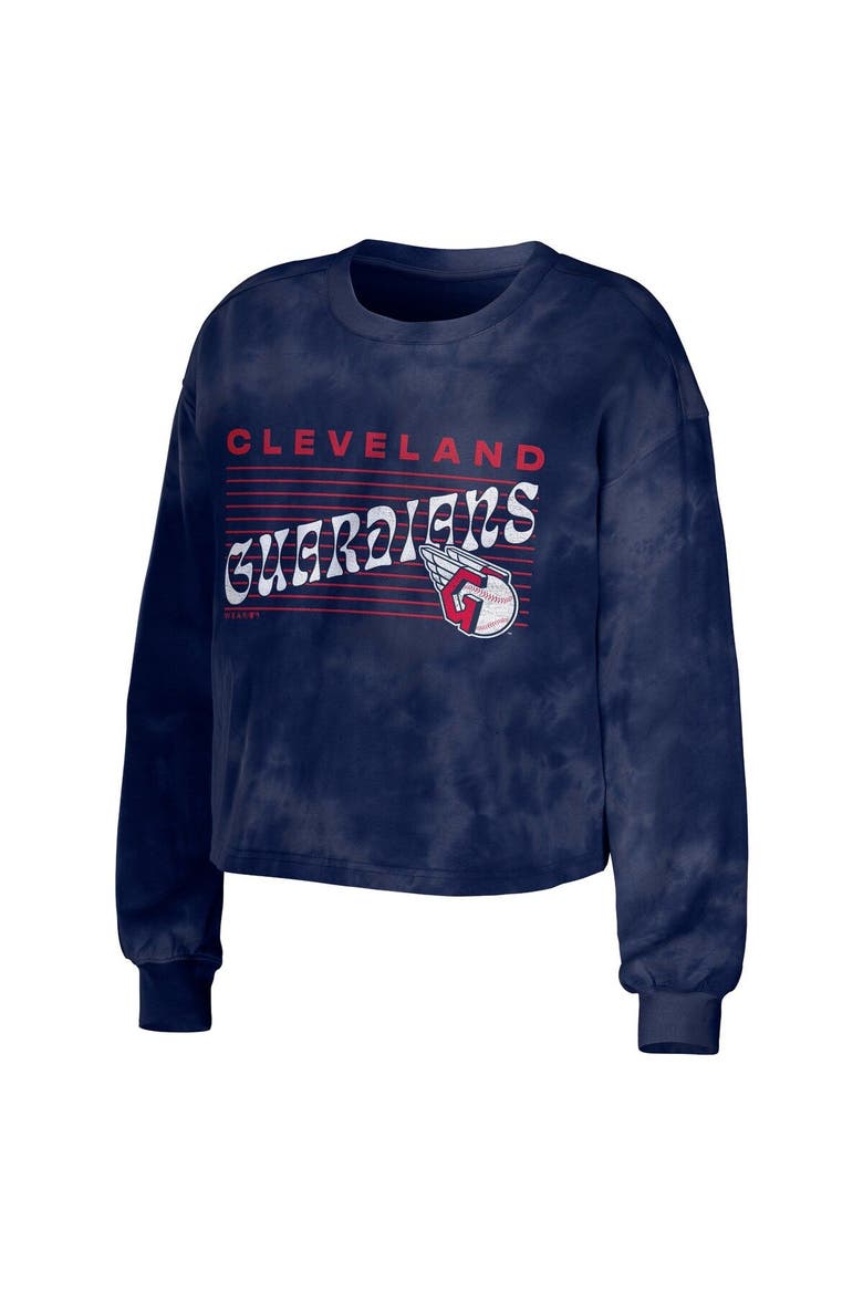 Women's WEAR by Erin Andrews Navy Cleveland Guardians Tie-Dye Cropped Pullover Sweatshirt & Shorts Lounge Set, Alternate, color, Navy