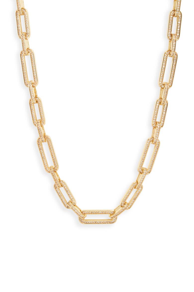 Pavé Paper Clip Link Chain Necklace, Main, color, GOLD