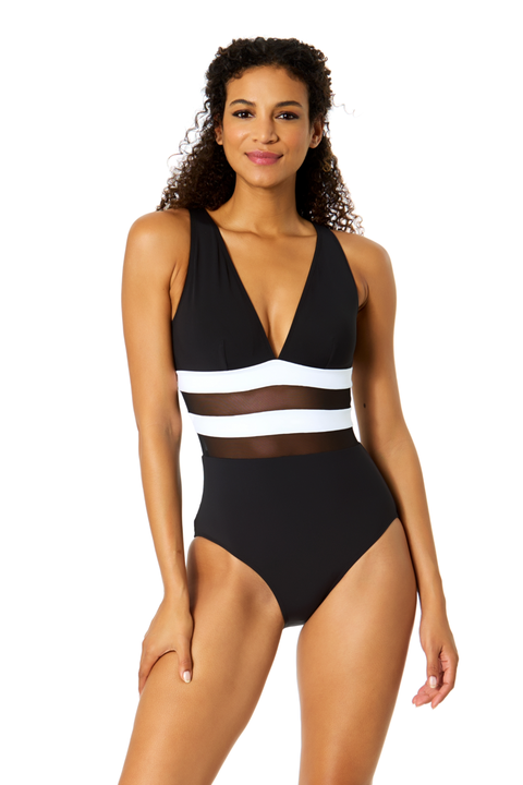 Women
s Gabor Mesh Plunge Front Colorblock Mesh One Piece Swimsuit