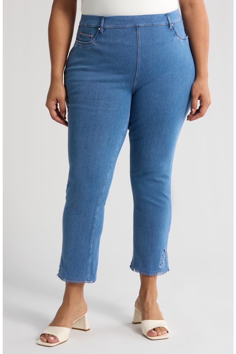Yori Eyelet Fringe Hem Crop Straight Leg Jeans, Main, color, BLEACHED BLUE