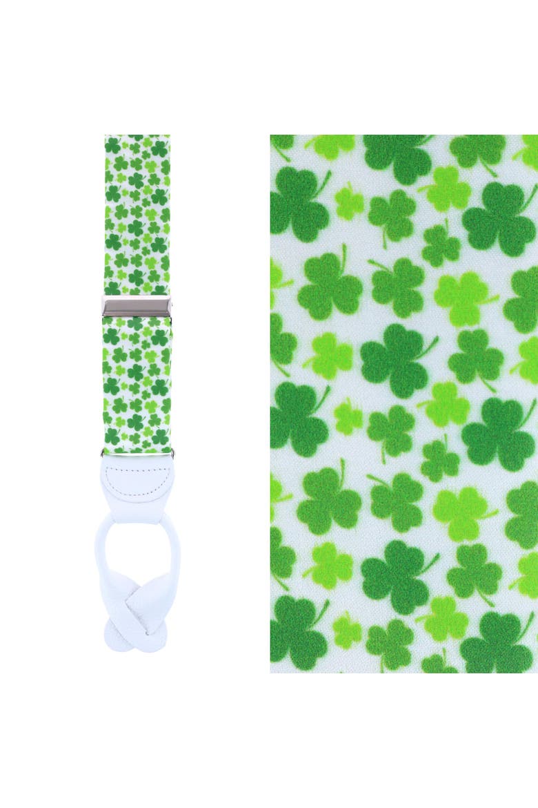 White Shamrock Silk Button End Suspenders, Main, color, White
