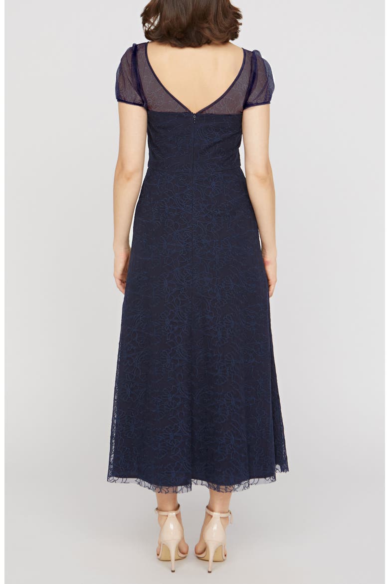 Layla Floral Appliqué Embroidered Mesh Midi Dress, Alternate, color, DEEP NAVY