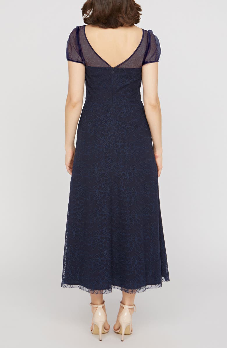Kay Unger Layla Floral Appliqué Embroidered Mesh Midi Dress, Alternate, color, Deep Navy