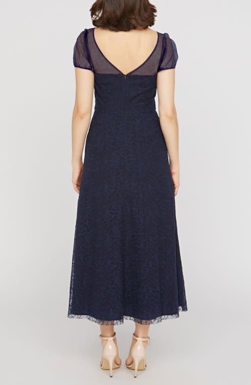 Kay Unger Layla Floral Appliqué Embroidered Mesh Midi Dress In Blue