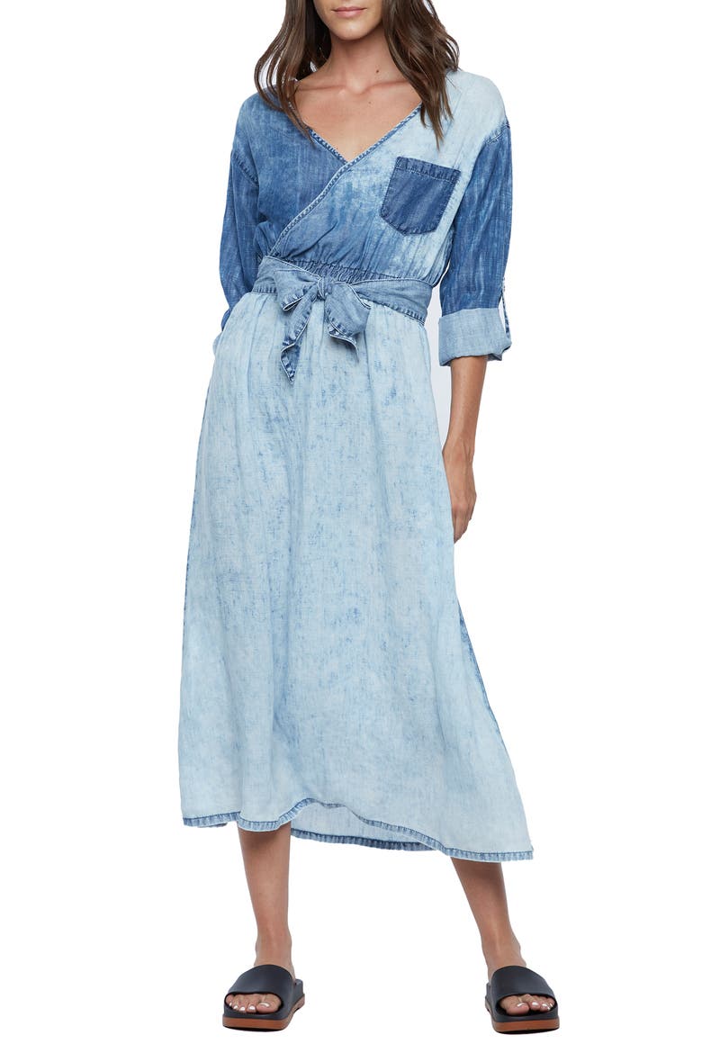 Crossover Faux Wrap Denim Midi Dress, Main, color, NYMPH BLUE
