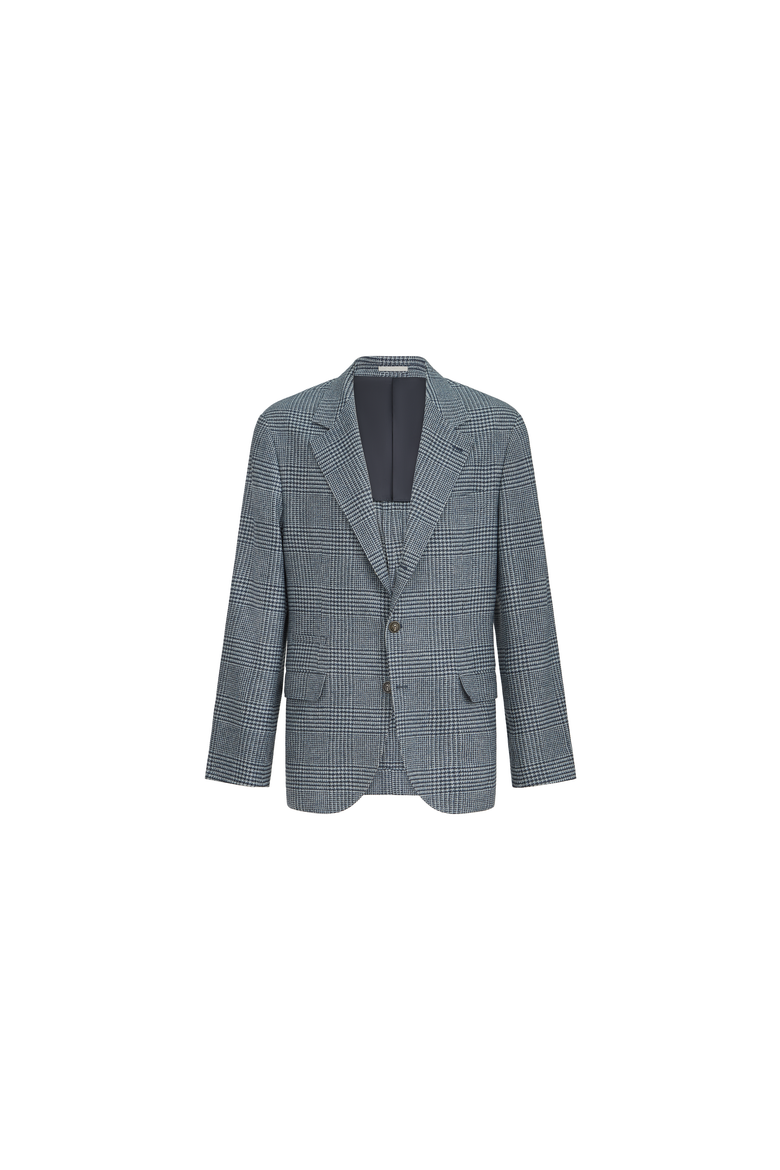 Comfort wool and cashmere Prince of Wales flannel deconstructed blazer with metal buttons, Alternate, color, Cerulean