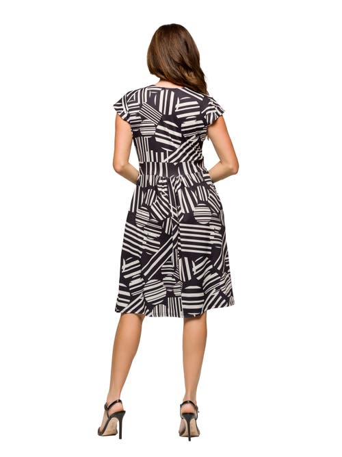 24seven Comfort Apparel Cap Sleeve Black And White V-neck Knee Length Pocket Dress In Black